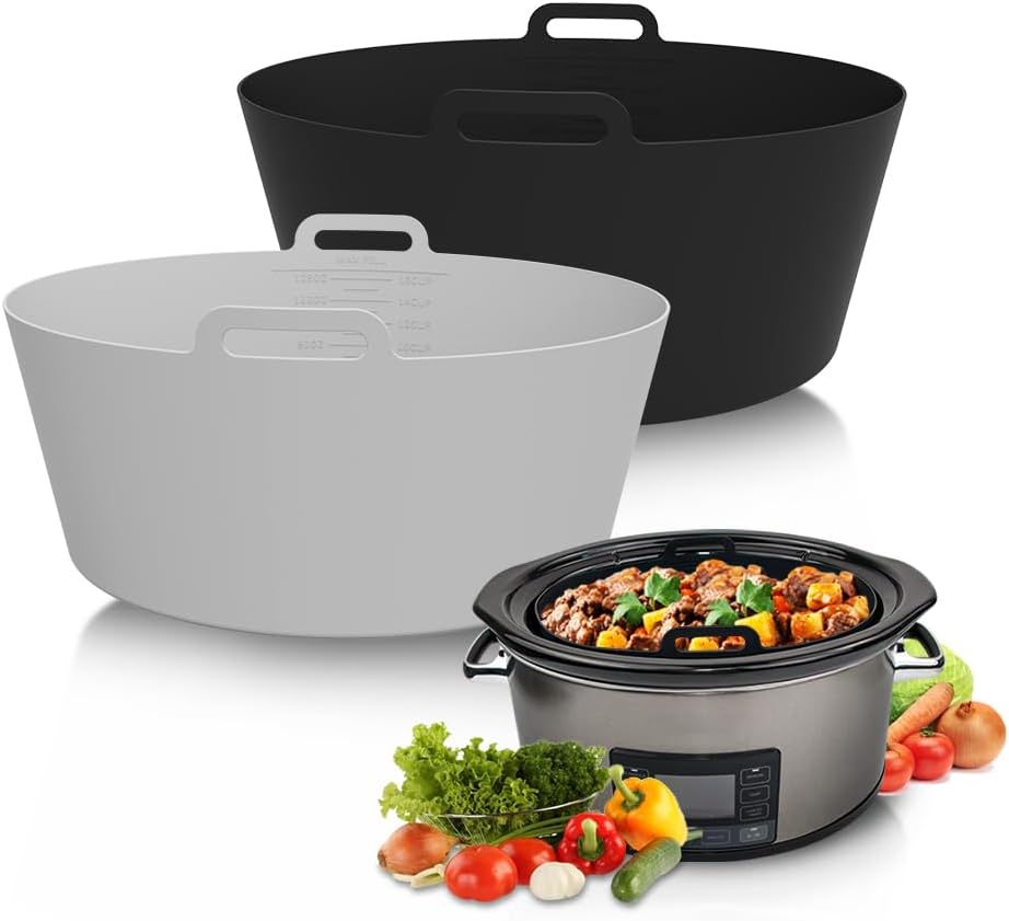 ChefAid Slow Cooker Liners Crock Pot Insert Accessories for 5 6 7 Quart Slow Cookers, 100% Silicone Reusable Liner, Food Safe & Dishwasher Safe (Black-Grey)