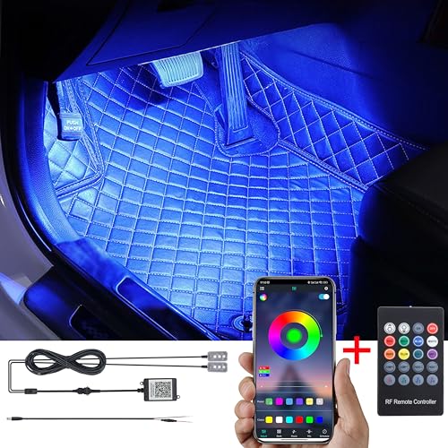 TABEN Kit de iluminación Ambiental de pie de automóvil RGB Control App + Remoto RF 16,7 Millones Colores de música Activa Sincronizada Línea DC Luz de Ambiente del Pozo del pie Interior del automóvil