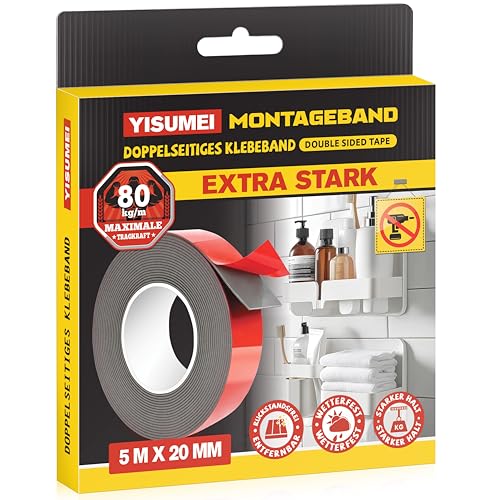 Doppelseitiges Klebeband Extra Stark 5m x 2cm x 1.5mm Wasserdichtes Universelles Montageband Doppelklebeband mit Haftkraft für Auto Wände Böden Heim Bürodekoration