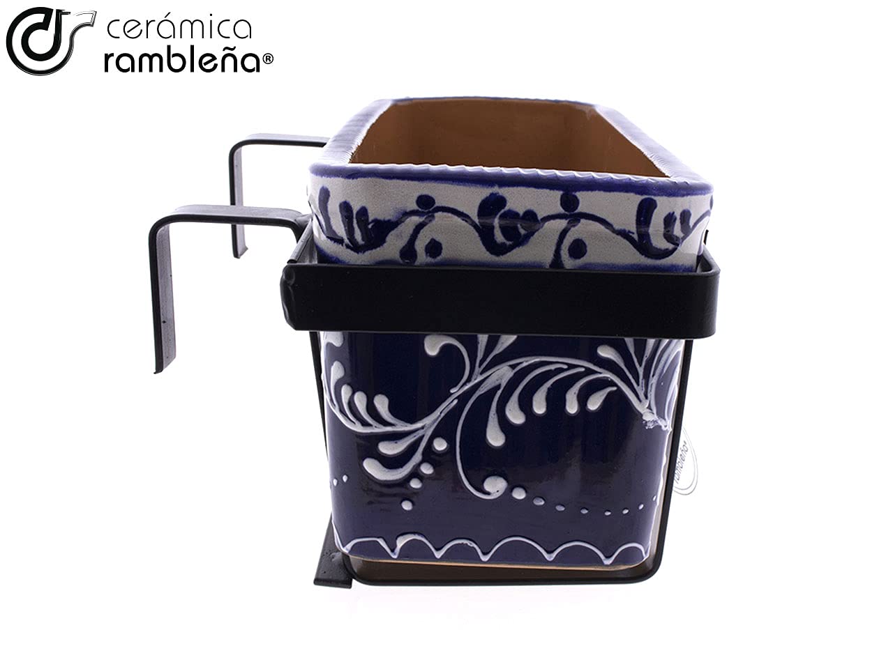 CERÁMICA RAMBLEÑA | Jardinera Rectangular Exterior para Balcón | Cerámica Patio Andaluz | 100% Decorada a Mano | 31x13x13 cm | Soporte Balcón Forja Incluido