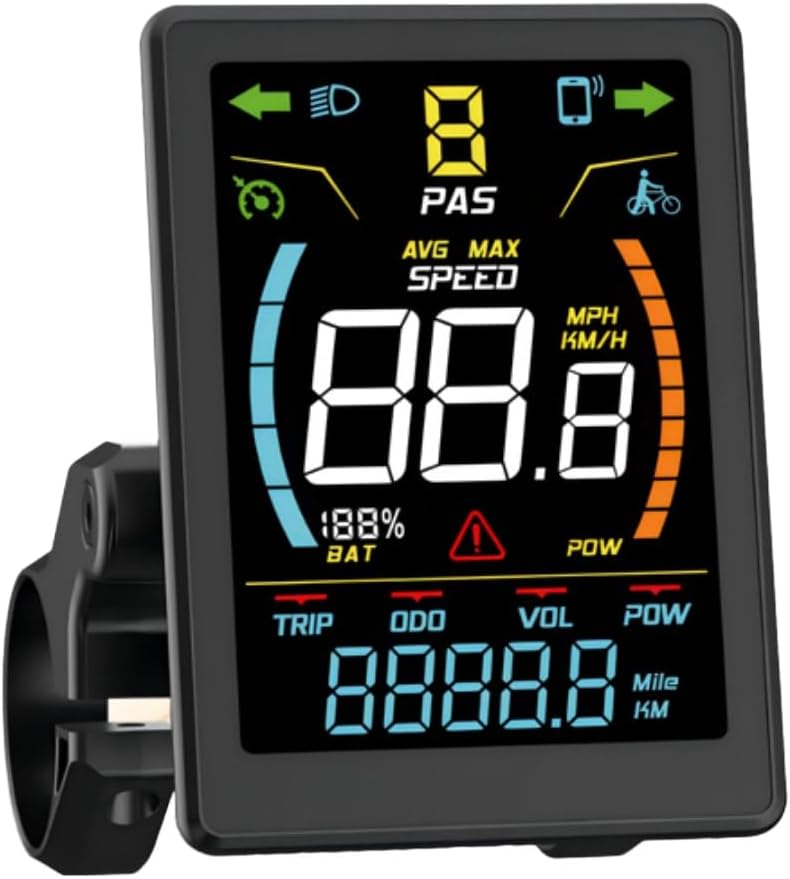 Electric Bike LCD Display Screen, E-Bike Meter Panel, 24V 36V 48V Voltage, 5 Pin SM Connector, Shows , Mileage, for battery Level & Fault Codes, Bike Computer for Electric Bicycle