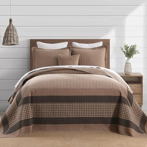 FineStichery Oversized Quilt Bedspread 120"x102" - 100% Cotton Farmhouse Queen Bedspreads Coverlet Set with Pillow Shams, Lightweight Quilted Bed Cover, 3 Piece, Brown/Beige