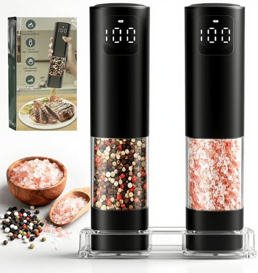 Electric Salt and Pepper Grinder Set, Rechargeable, LED Light, Adjustable Coarseness, One-Hand Operation, Black, 2-Pack