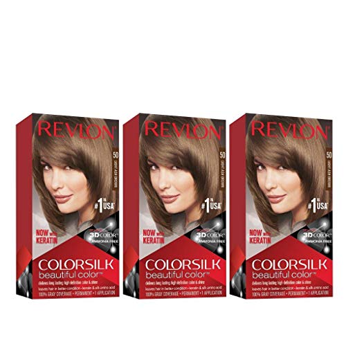 Revlon Colorsilk Beautiful Color, Permanent Hair Dye with Keratin, 100% Gray Coverage, Ammonia Free, 50 Light Ash Brown (Pack of 3)