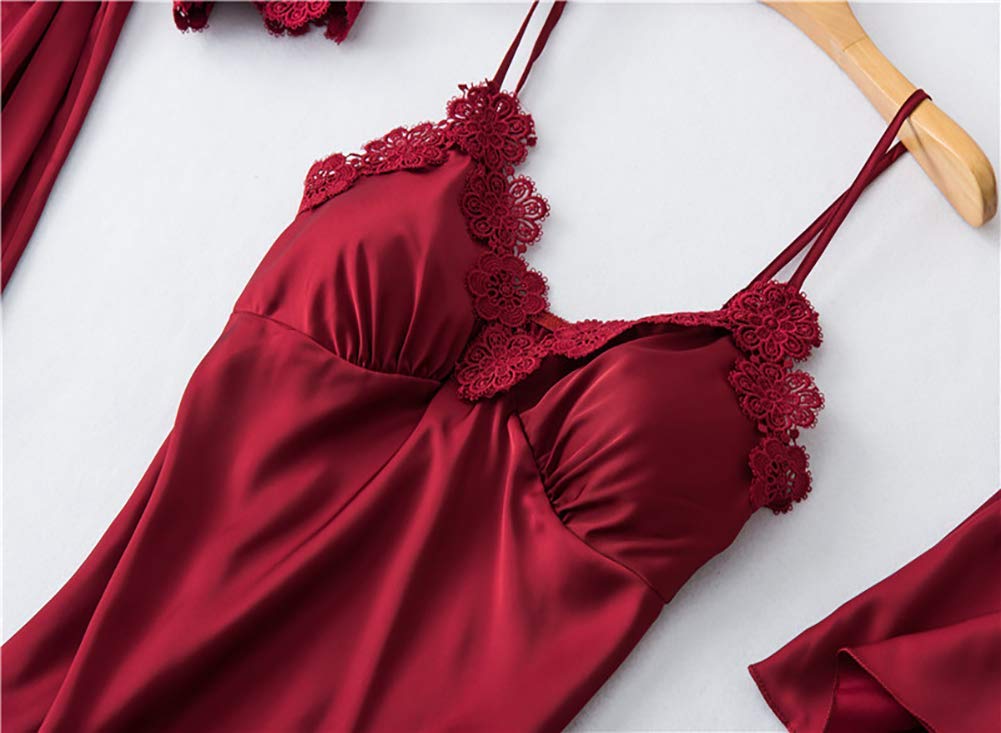 Pigiami da Donna Intimo da Notte da Donna Set Pigiama da Donna in Seta 4 Pezzi Set da Pigiama da Notte in Raso da Notte con Pantaloncini Camicia da Notte Sexy (Color : Red, Size : L-XL) (Red M)