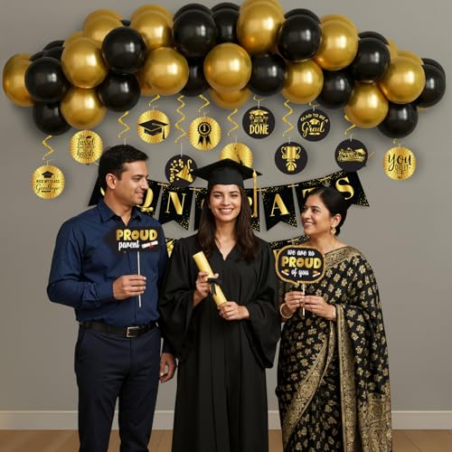 Image of Party Propz Graduation Decoration Kit - 76 Pcs Black Gold Graduation Decoration With Balloons and Banner | College Decor Graduations Items | (Latex)