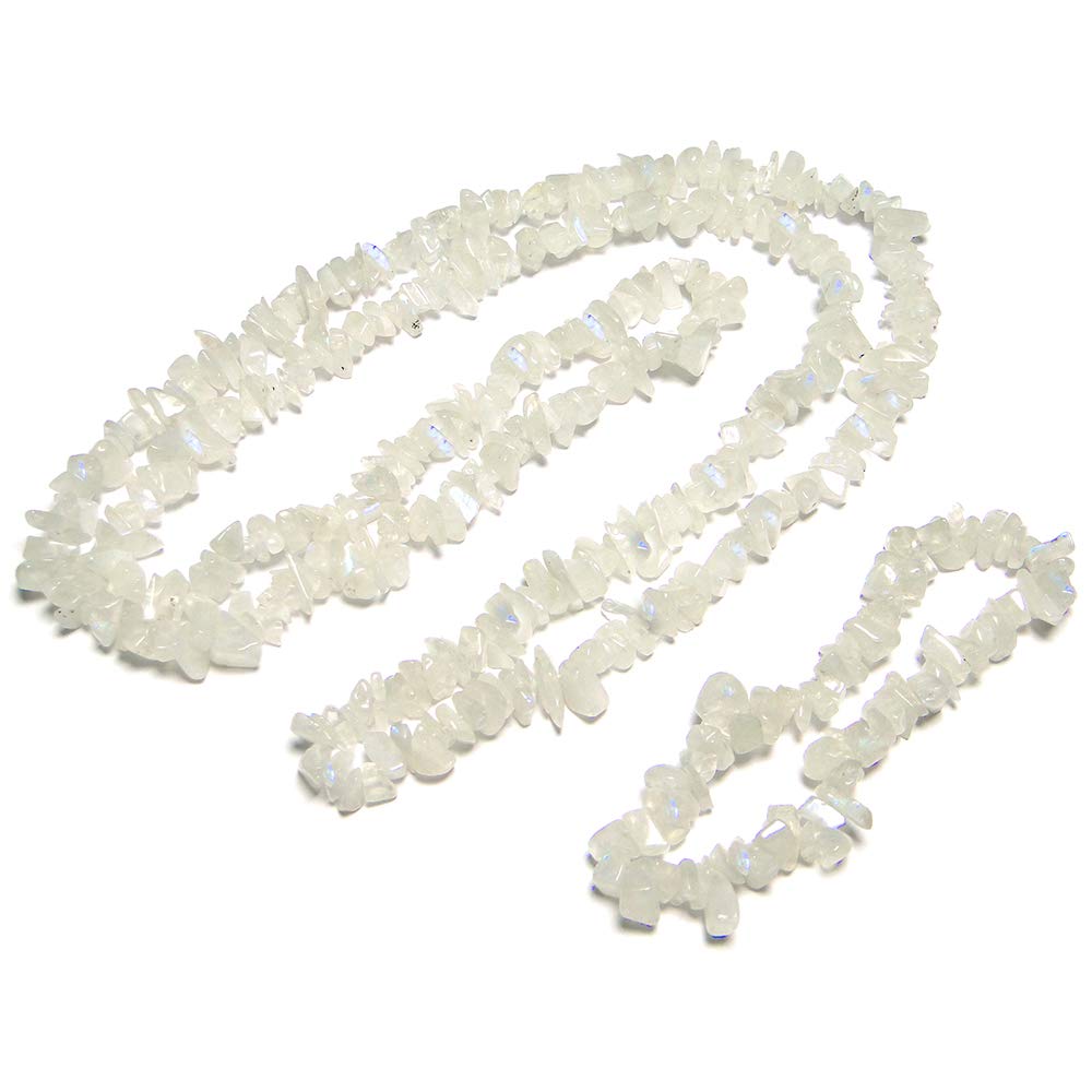 Nature's CrestNature's Crest Rainbow Moonstone Natural Stone Tumbled Chip Necklace 32" & Bracelet Set Gemstone for Vastu Healing Mediation Reiki & Pooja