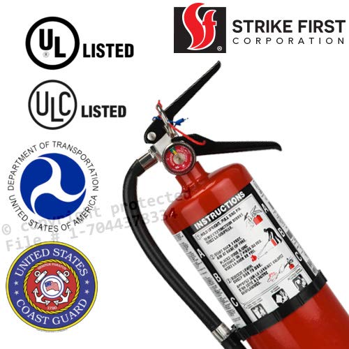 (Lot of 2) Strike First, 5 Lb. Type ABC Dry Chemical 2-A :10-B:C Fire Extinguishers with 2 Wall Hooks, 2 - Yellow Inspection Tags and Signs