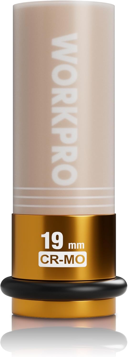WORKPRO 1/2" Drive Lug Nut Impact Duty Socket, 19mm Deep Thin Wall Socket, Made of Premium Cr-Mo Steel, Non-Marring Lug Nut Wheel Sockets for Car