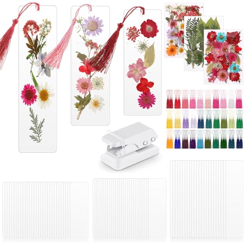 Fuyoooo 176 Pcs Dried Flower Bookmark Making Kit DIY Bookmark Laminating Pouches with Tassels and Puncher DIY Project Gifts for Women Night Out Craft Book Lovers (Rainbow Colors 3 Size)
