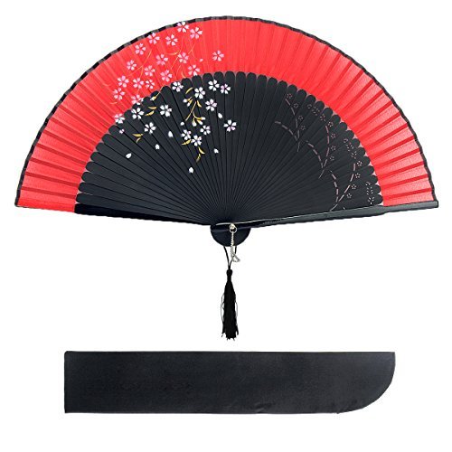 Hemore 1 pcs Ventilateur Pliable Éventails pliés Eventail a la Main vintage Style Japonais Traditionnel Mini Pastel Arts et l'artisanat Eventail pour Eté Decoration de Mariage Fleur de cerisier Rouge