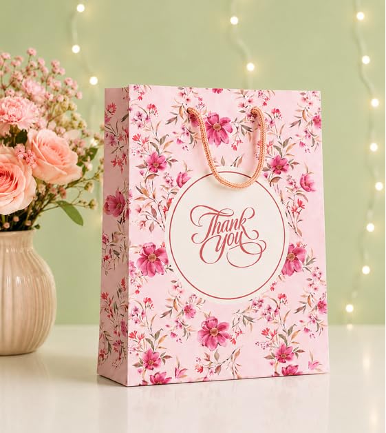 Premium Paper bags for gifting, thank you - (Pack of 10) Ideal for return gift, wedding, haldi, baby shower, anniversary, birthday, pooja, ceremonies - Medium size (Baby pink colour - Floral design) (8x4x10 inch)-image-39