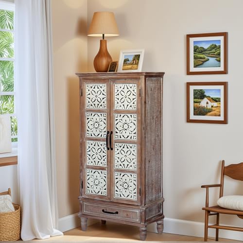 Image of French Country Side Cabinet - Vintage 2 Door Wood Cabinet with Storage, Accent Furniture for Living Room, Kitchen & Entryway, Tall Cabinet Storage (55.11 inch H)