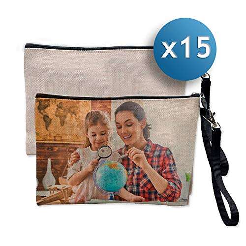 Sublimet Sublimation Solutions Pack de 15 Portatodos/Neceser (Tipo Lino) - 23,5 x 15 | Ideales para ser Impresos Mediante la sublimación | Cierre Cremallera