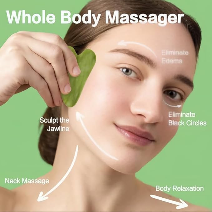Image of Gua Sha Combo Set - Jade Stone and Rose Quartz Facial Massage Tools for Face and Body, Green and Pink Crystal Scrapers for Skincare Routine