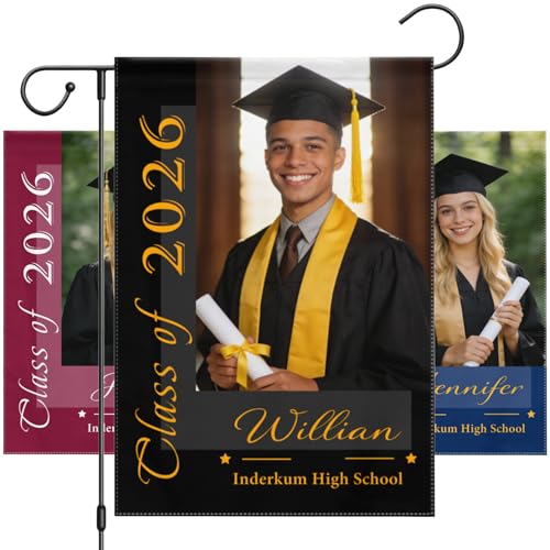 Personalized Graduation Garden Flag with Photo Name School & Year Class of 2026 Custom Yard Sign Decor Double-Sided Optional Weather-Resistant Polyester Outdoor Decor for Graduation Party High School or College Senior Gift