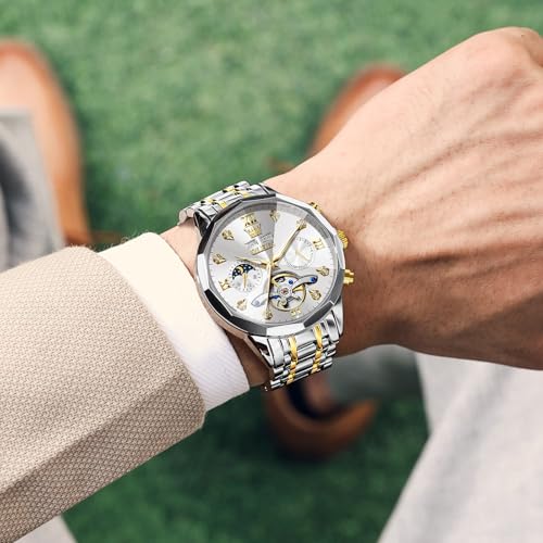 Image of OLEVS Men Automatic Watch Diamond Skeleton Mechanical Luxury Self Winding Moon Phase Calendar Waterproof Wrist Watch for Men