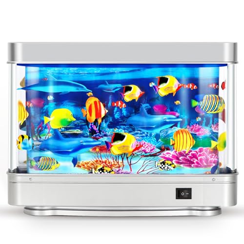 Fake Fish Tank,Virtual Ocean Moving Fish lamp,Fake Aquarium Decor,Realistic Artificial Aquarium Decorations for Bedroom & Office（Sliver）