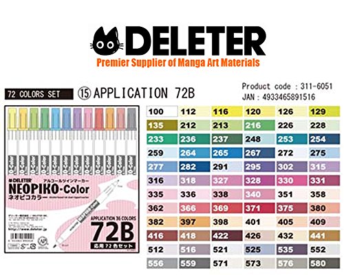 Deleter Neopiko-Color 72 Set B Marker Pens for Manga Comic Illustrators Alcohol Based Dual Tip