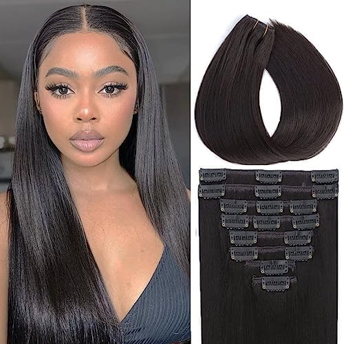 Moucyo Clip in Hair Extensions Real Human Hair Pieces for Women 100g 8pcs 18Clips Straight Brazilian 100% Unprocessed Full Virgin Human Hair for Women Double Weft (#1B Natural Black 16 inch)