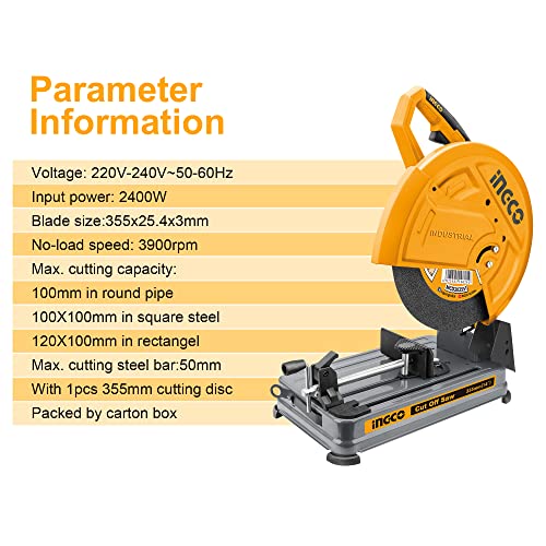 Image of Ingco 355mm 2400 Watt Max Cutting Capacity Steel Bar 50mm Cut Off Saw COS35568, Yellow