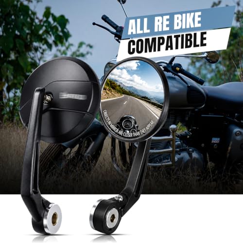 Image of OTOROYS Premium Motorcycle Bar End Mirror, Metal Handle ABS Frame Round Convex Black for Classic 350 | Bullet 350 | Hunter 350 | Meteor 350 | Continental GT 650 | Interceptor 650 | Himalayan Set of 2