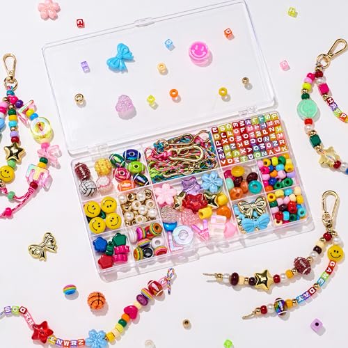 MYCUTEY DIY Keychain Making Kit-Beaded Keychain＆Bag Charm Craft Supplies with Keyrings,Cords and Colorful Football,Letter,Heart,Pony Beads for Women Kids,Personalized Name A-Z Jewelry Making Kit Gifts