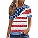 Women 4th of July T-Shirt American Flag Waffle Denim Shirts Stars Stripes Short Sleeve Independence Day Tee Tops