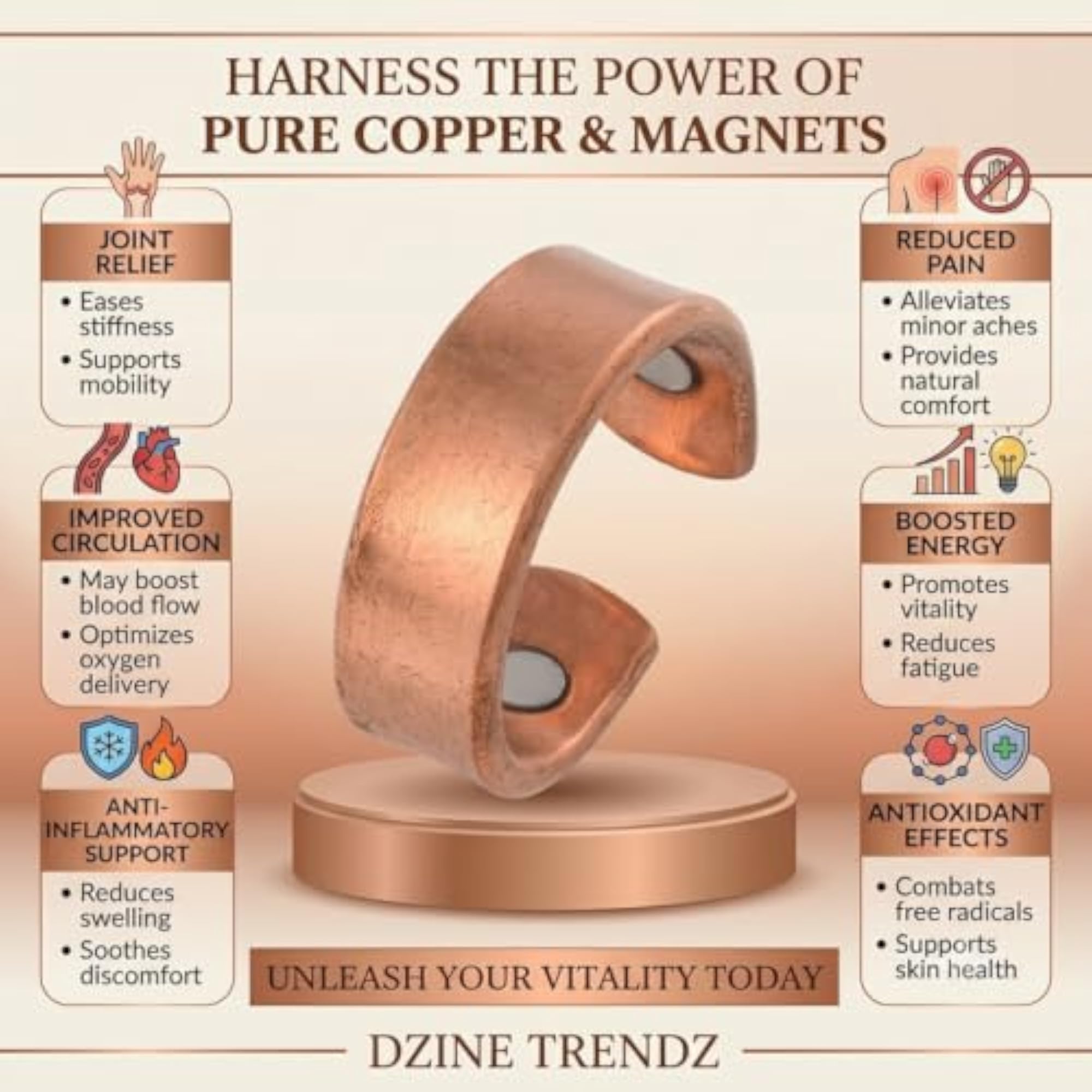 Pure Copper Magnetic Finger Cuff Band Ring, Adjustable