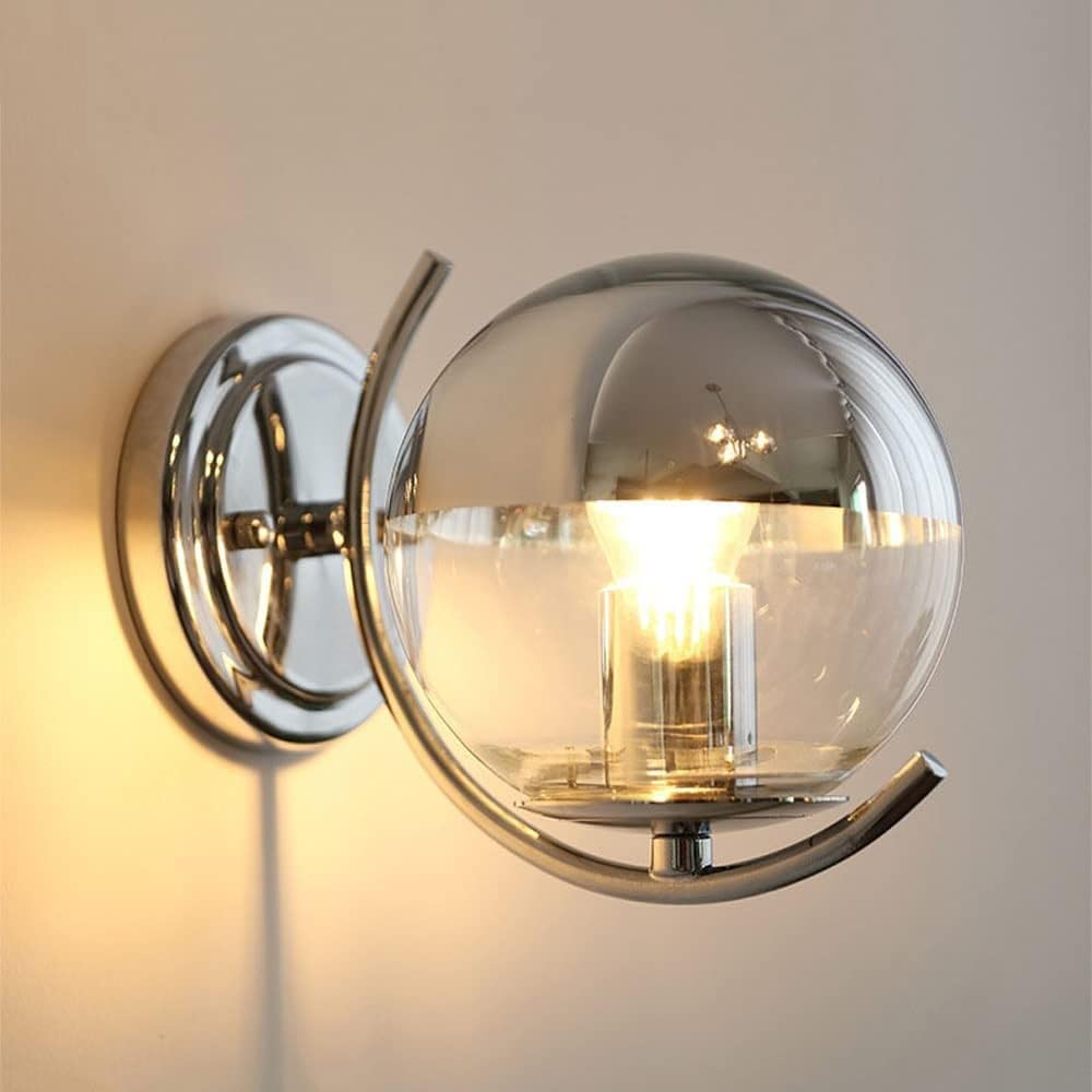 VGTLAKEX Wall Light Globe Wall Mount Light Chrome Sconce Glass Lamp Mid Century Headboard Lighting Fixture E27 for Living Bedroom