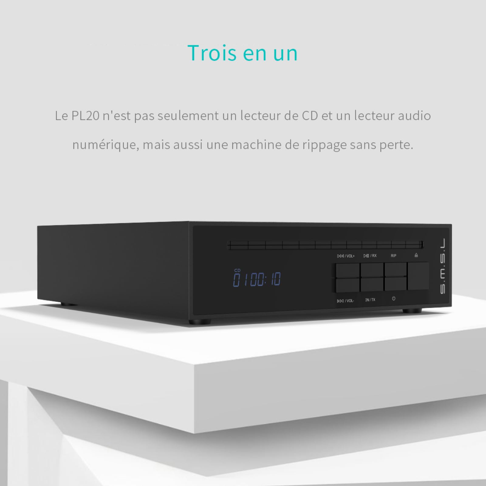 SMSL PL20 Lecteur CD HiFi pour la Maison, Lecteur CD Bluetooth, 2 puces CS43131, clé USB/entrée Bluetooth RCA/BT/3,5 mm/4,4 mm équilibrée/Optique/coaxiale, Argent