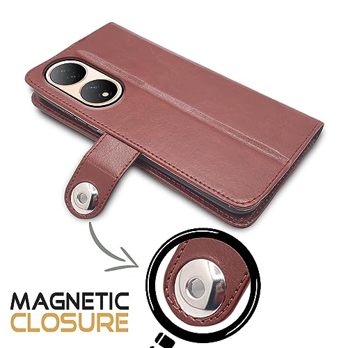 Image of Pikkme Vivo Y100 5G Flip Cover Leather Finish | Inside TPU with Card Pockets | Wallet Stand and Shock Proof | Complete Protection Button Flip Case (Brown)