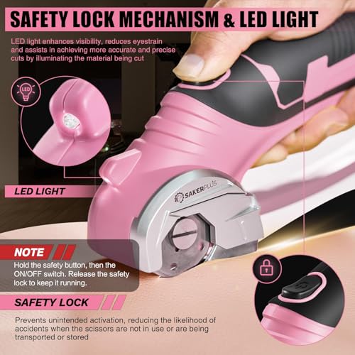 Image of SakerPlus Cordless Electric Scissors,4V Rechargeable Cardboard Box Cutter Heavy Duty Fabric Scissor with Safety Lock & LED Light,Power Rotary Cutter for Leather Carpet Plastic Cutting,Sewing,Crafting