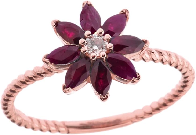 Elegant 10k Rose Gold Diamond Daisy Rope Promise Ring with Ruby Petals