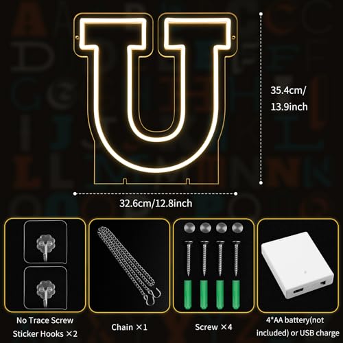 Image of Light Up Letters U, Led Marquee Letter Lights Neon Sign, 13.9 inch Height Decorative Lighted Alphabet Number, Battery /USB Powered Led Letters Lights for Wedding, Birthday, Party, Christmas or Home Decor
