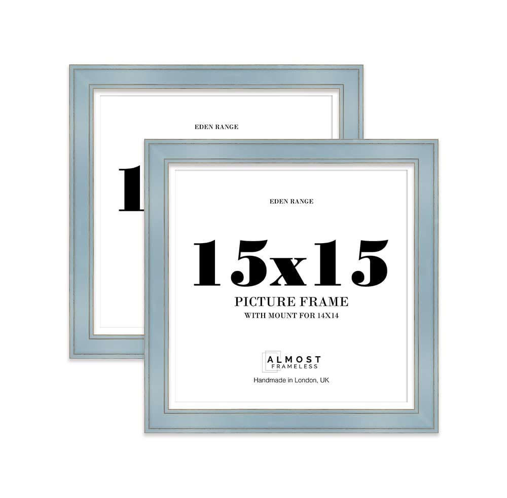 15x15" Cornflower Blue Square Picture Frame with 14x14" Mount - Shabby Chic Photo Frame with Distressed Finish, Gold Trim, Wall Hooks, 37mm Edge - 2 Pack