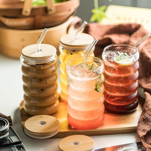 Image of SYANKA Premium Bubble Glass Sipper Can Set of 4, 510 ML, Transparent, Mason Jar Cup with Lid and Straw, Drinking Glasses for Smoothies, Iced Coffee, Boba Tea, Cocktails, Beer, Juice & Milkshakes