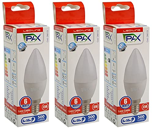Pax Light - Kit de 3 velas LED C35, 6 W, 3000 K, 500 lm, E14, A+ luz cálida