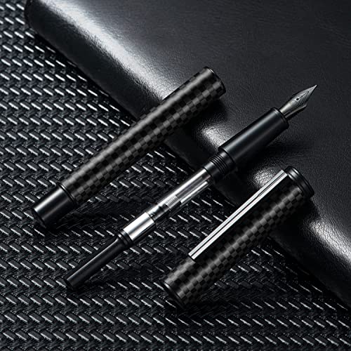 Image of Hongdian Black Carbon Fiber Fountain Pen, Bent Nib Fude Pen for Calligraphy Writing (Fine to Broad) with Converter and Metal Pen Box Set