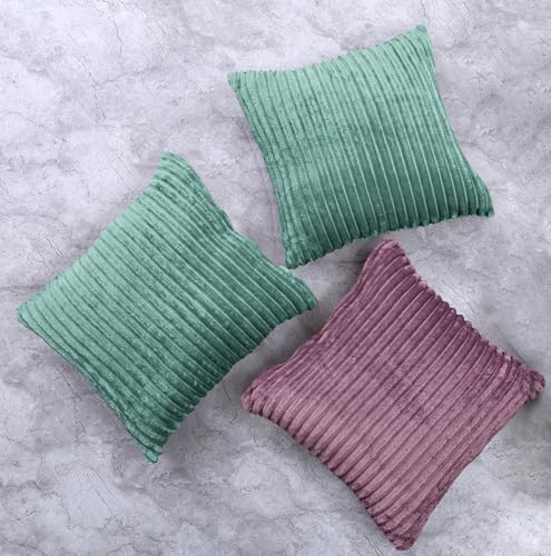 Image of Yellow Weaves Pencil-Stripe Fur Cushion Covers | Soft Polyester | Decorative Sofa & Throw Pillow Covers | 16x16 Inches, Pack of 3 (Purple & Sea Green)