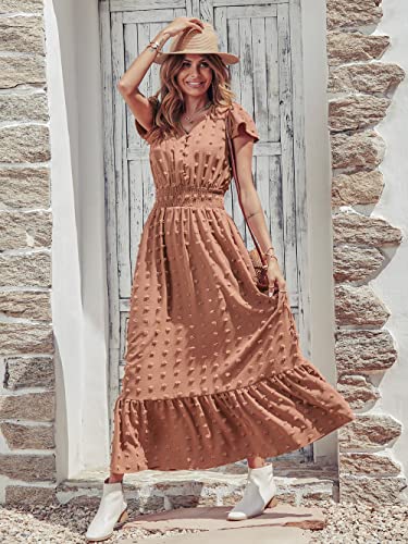 Image of PRETTYGARDEN Womens Dresses 2026 Summer Maxi Dress Boho Short Sleeve V Neck Swiss Dot Ruffle Tiered Smocked Flowy Long Dress