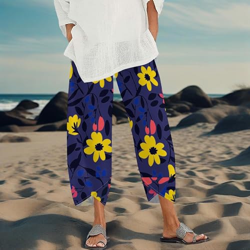 Womens Tropical Floral Print Wide Leg Palazzo Pants High Waist Cotton Linen Summer Beach Loungewear with Pockets2
