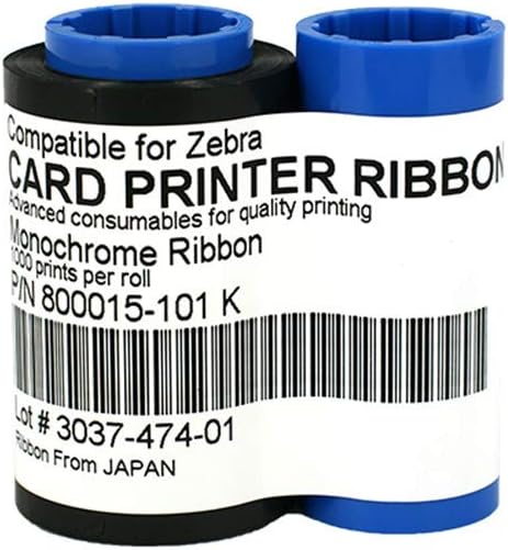 800015-101 Black Monochrome Ribbon for Zebra P330i P420i P430i Card Printers, 1000 Prints