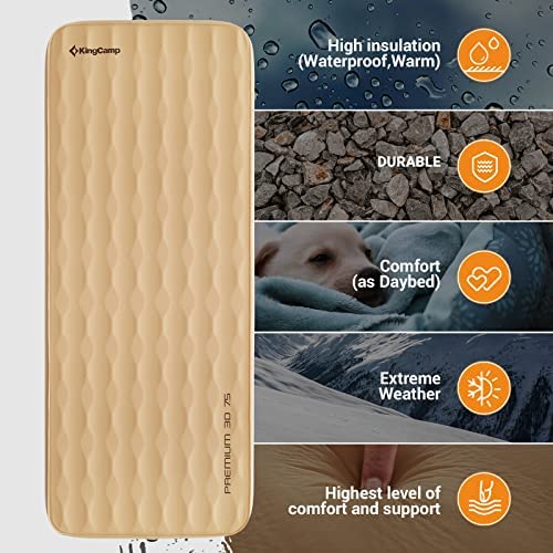 Image of KingCamp Self Inflating Sleeping Pad, R 7.9 Air & Foam Sleeping Pad for Camping, 3 inch Thick Single Camping Mattress with 3D Sidewalls & Wave Surface Cut for Outdoor Tent Cot Car, PVC Free (Khaki)