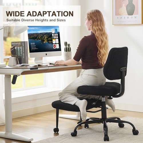 Image of Ergonomic Criss Cross Legged Office Chair, ADHD Chair, Wide Height Adjustable Seat 360 Swivel Footstool with Wheels, PU Leather Meditation Kneeling Chair, for The Restless Home Workers, Black