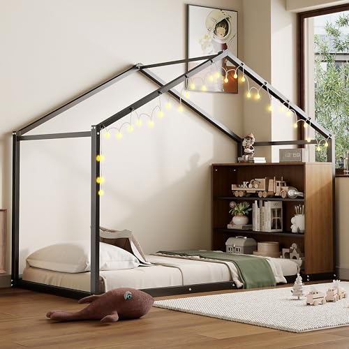 Dolonm Metal Montessori Todder Floor Bed, Twin Size House Bed Frame with Shelves and Lights, House Floor Bed Twin Size for Kids, Girls, Boys, Black
