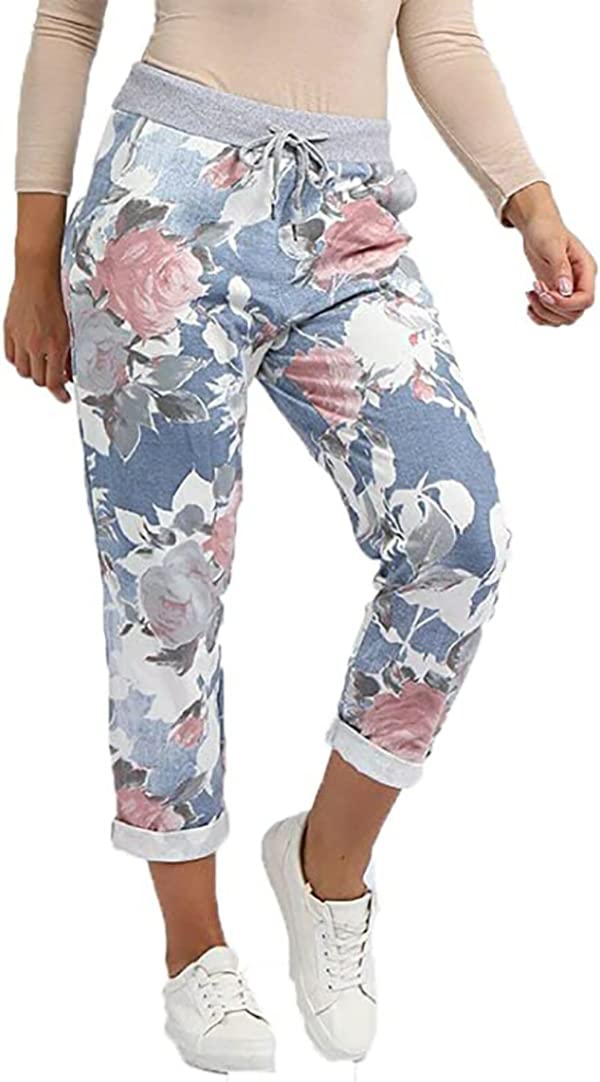 H&F ® Women’s Ladies Denim Jogger Floral, Star Printed Sweatpants Ribbed Waistband Trousers Ladies Causal Summer Jogger Drawstring Italian Gym Running Pants-Size 8-22 (Animal Zebra, 8-10)