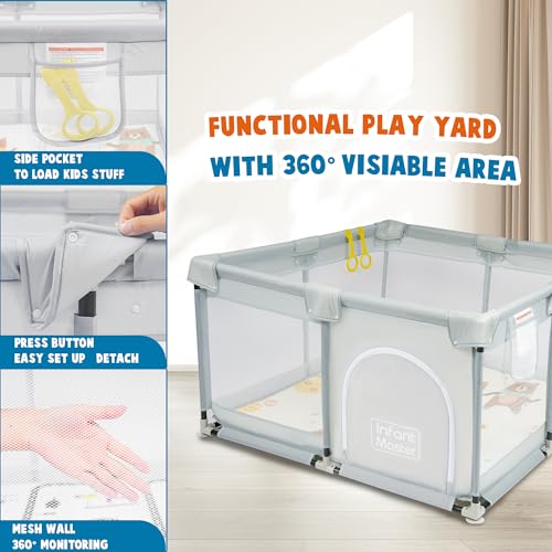Image of Grey Baby & Toddler Playpen, 49''x49'', Portable with Mat & Ring, Safe Foam Cover, External Zipper, Suitable for Kids Under 3 Years