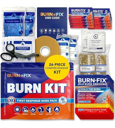 BurnFix® Burn Kit First Aid Recommended by Doctors, Comprehensive 25pcs First Aid Kit Includes First Aid Burn Cream, Burn Dressing, Gloves, Scissors, Wipes Burn Relief - Sunburn, Flame Burn, Burn Care