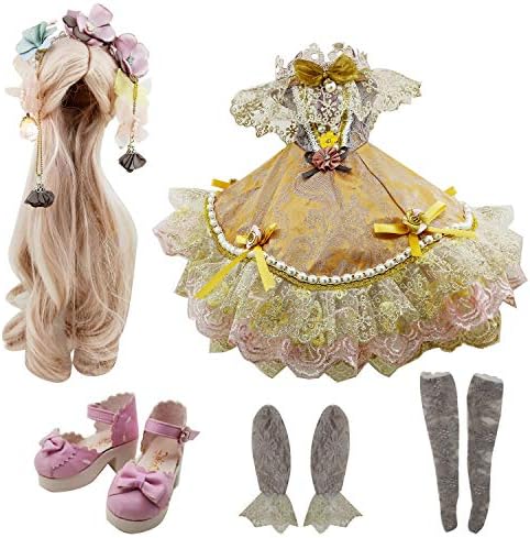 EVA BJD Set of Skirt Wigs Shoes Socks Accessories Full Set for 1/3 BJD Dolls Ball Jointed Dolls 22in - 24in 60cm (Gray and Gold)